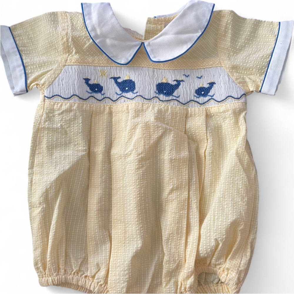 Friedknit Creations Yellow/Blue Whale Embroidered Kids One Piece 3M